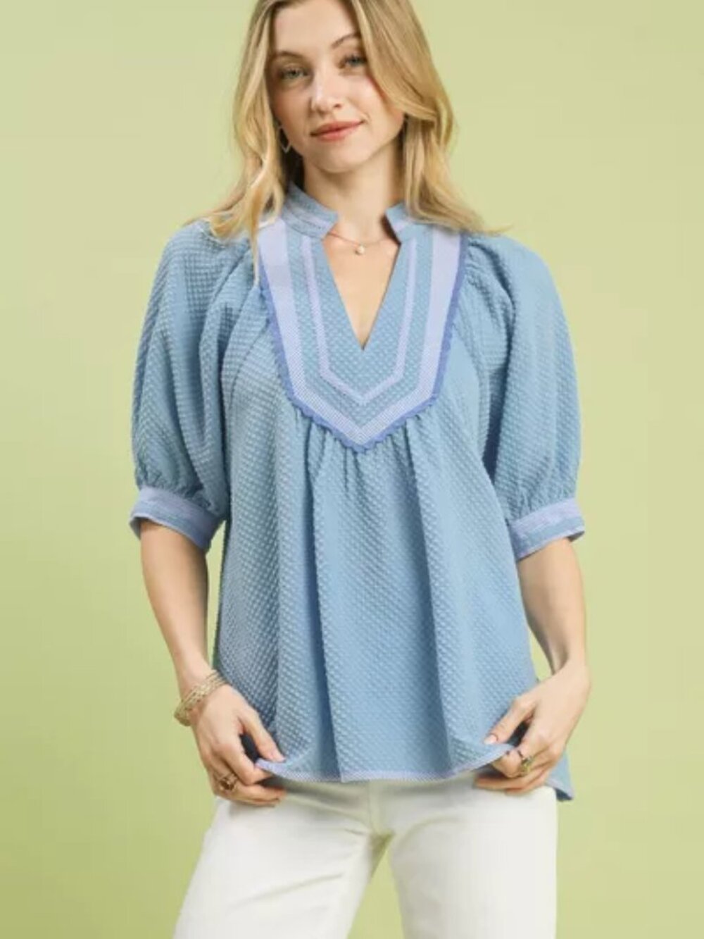 Umgee Textured Jacquard Contrast Trim Top